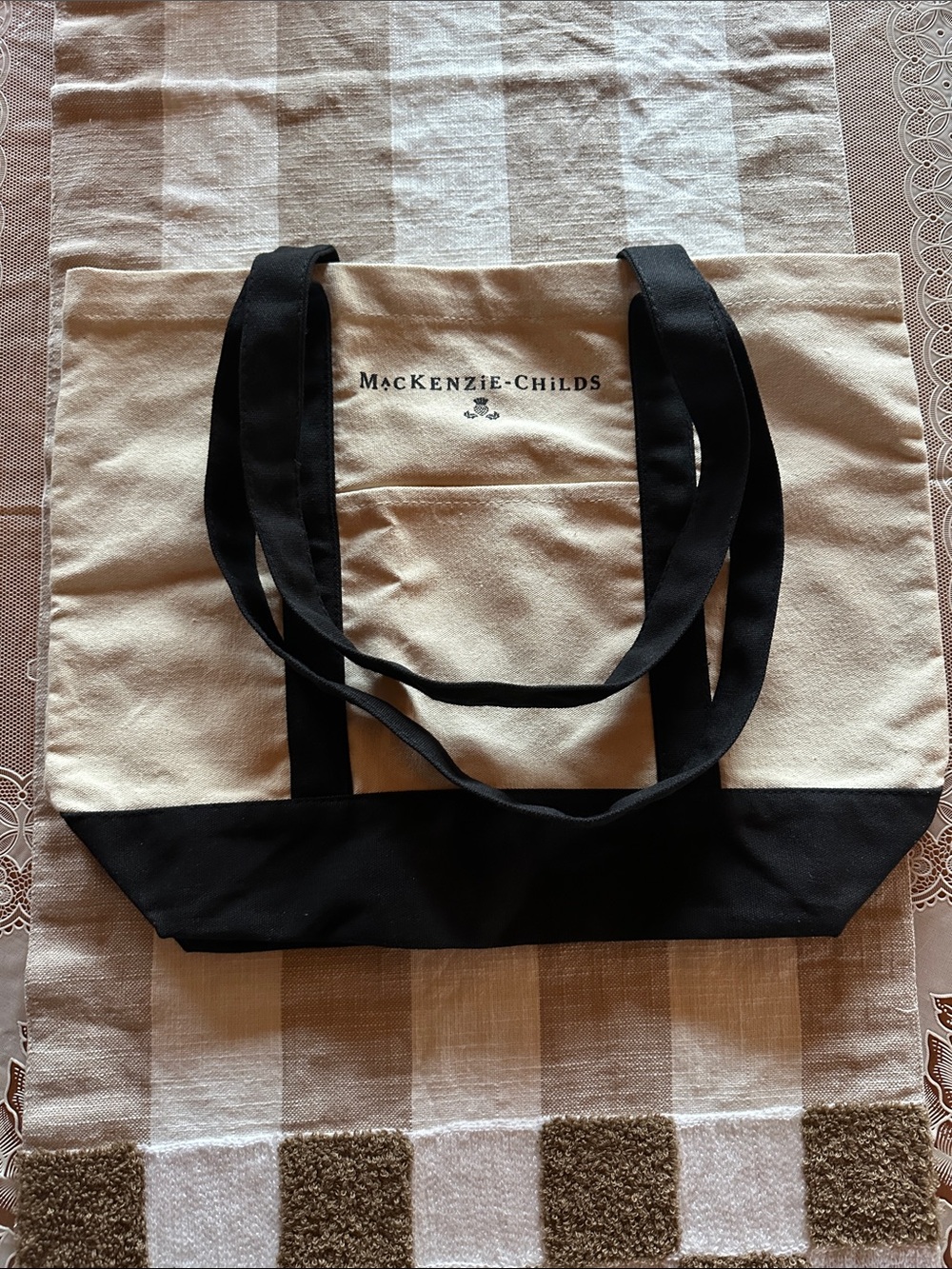 MacKenzie-Childs Cream and Black Canvas Tote with Logo NWOT